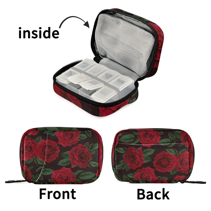 Rose Flower Pill Case 7-Day Travel Pill Organizer Box with Zipper Closure for Vitamins, Medication and Supplements