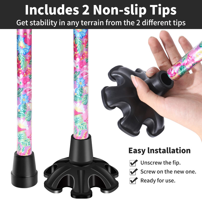 [Australia] - Walking Cane ATMTV Cane for Woman | Mobility & Daily Living Aids | 5-Level Height Adjustable Walking Stick | Comfortable Plastic T-Handle Portable Folding Cane with Replace Tip Purple Flower A-Cane Pink Printing 