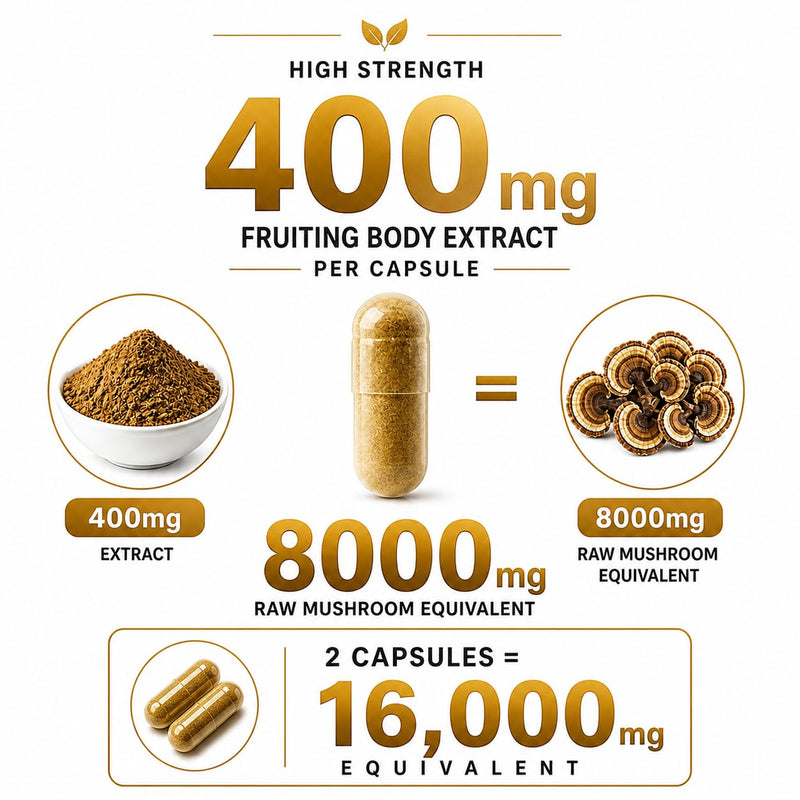 High Strength Turkkey Tails Fruiting Body Extract 8000mg | 20:1 Mushroom Extract | 30% PLY | 90 Vegan Capsules | 45 Day Supply | UK Packed | No Fillers or Bulking Agents | Vegan and Gluten Free