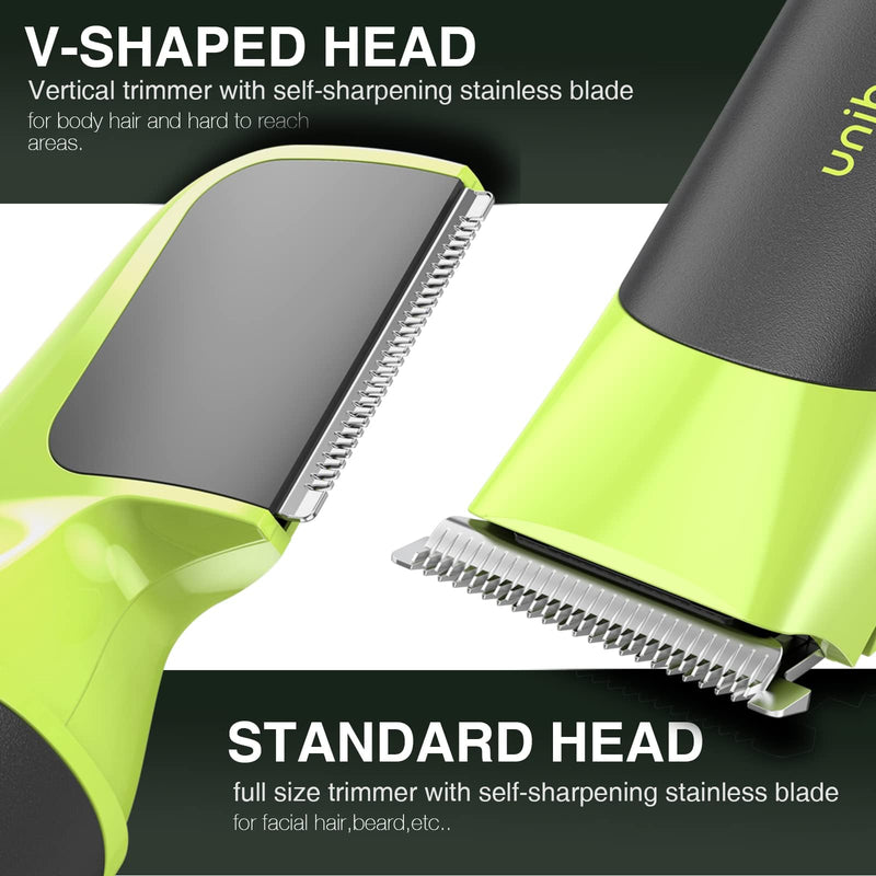 [Australia] - Unibono Electric Body Groomer Men's Set, Intimate Razor Man with Adjustable Guide Comb & Vertical Cutting Head, Body Razor Waterproof Wet-Dry for Head and Body Hair Green 