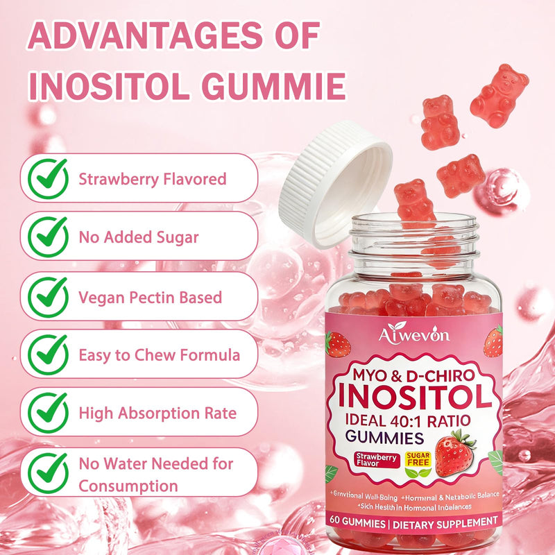Myo-Inositol & D-Chiro Inositol Gummies 40:1 Ratio – Hormone Balance Supplement for Women – Ovarian & Fertility Support with Vitamins – Myo Chiro Inositol Gummies for Womens Health, 60 Count