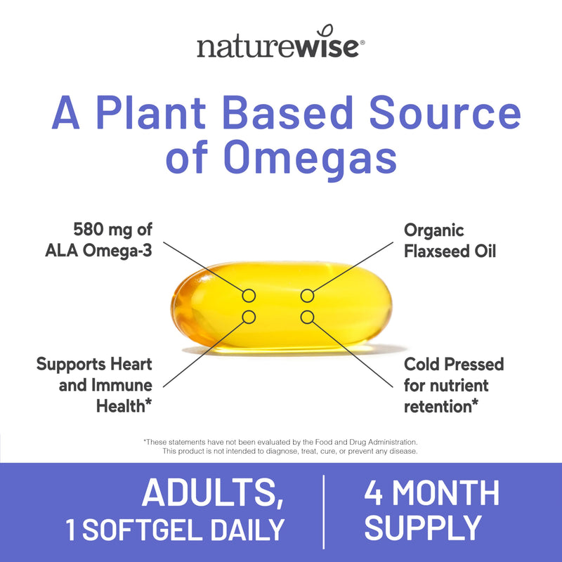 [Australia] - NatureWise Flaxseed Oil 1000 mg, Fish Free Omega 3 with 580 mg ALA, Dietary Supplement for Immune Health Support - Organic, Cold Pressed, Non-GMO - 120 Softgels[120-Day Supply] 