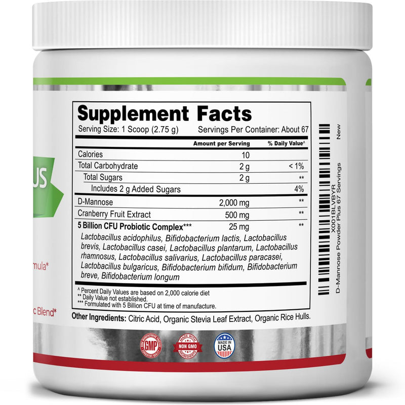 [Australia] - Zazzee D-Mannose Powder Plus, 2000 mg, 67 Servings, Potent & Fast-Acting, Plus 5 Billion CFU Probiotics and Pure Cranberry Juice Extract, Free Scoop, 6.5 Oz, Vegan, Gluten-Free, Non-GMO, All-Natural 