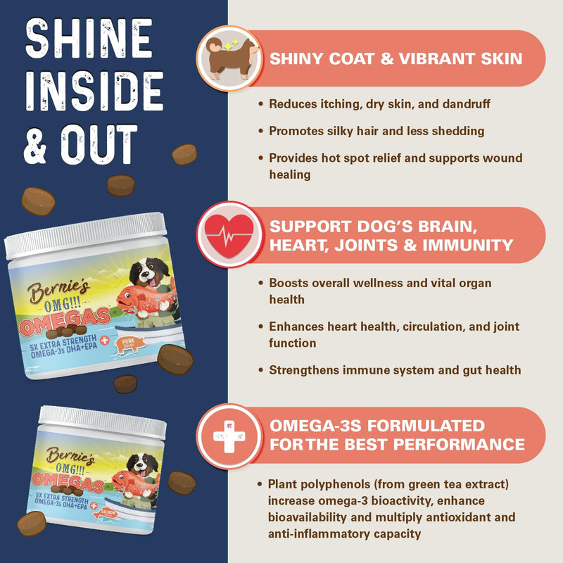 Bernie's OMG!!! Omegas 5X Extra Strength Omega-3s DHA+EPA, Chews with Fish Oil for Dogs, Ultimate Skin & Coat, Works as Dog Allergy Chews, Dog Calming Chews, Joint Supplement. (Pork) Pork - PawsPlanet Australia