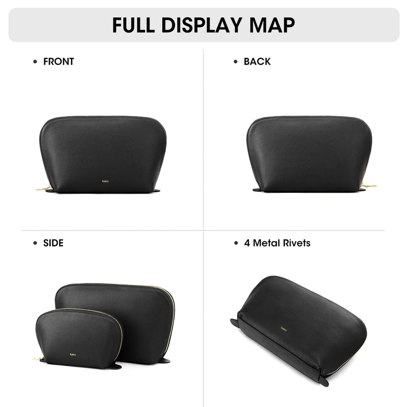 Kattee Leather Makeup Bag Set for Women, 2 Pack, Black | Two leather travel cosmetic bags for makeup, toiletries, and daily essentials. 2-Pack, Medium+Large