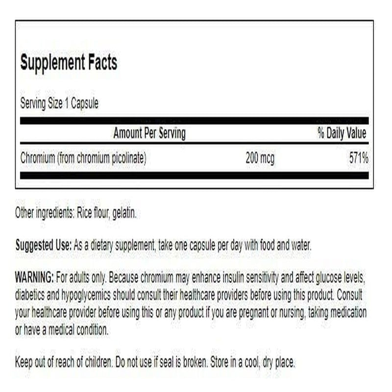 [Australia] - Swanson Chromium Picolinate - Natural Supplement Promoting Metabolism & Weight Management - Supports Healthy Blood Sugar Levels Already Within The Normal Range - (200 Capsules, 200mcg Each) 2 Pack 