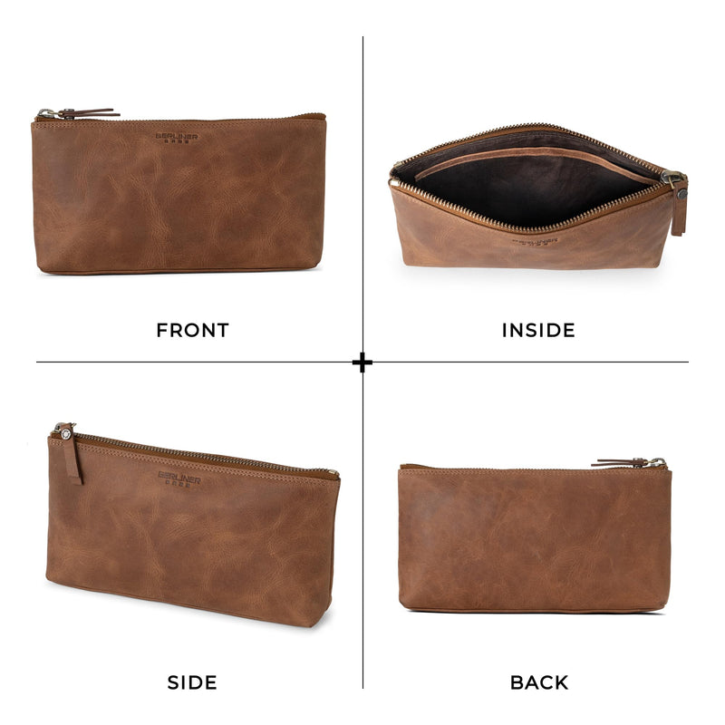 BERLINER BAGS Vintage Genuine Leather Makeup Bag For Women Anna S- Brown | Soft Leather Makeup Bag For Purse, Travel Cosmetics Pouch, YKK Metal Zipper, Slip-in Pocket Camel