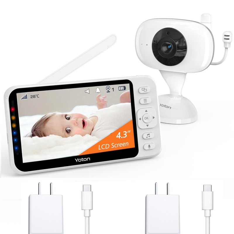 [Australia] - YOTON Baby Monitor no WiFi, 4.3" Baby Monitor Camera with 4X Zoom, 1.8m USB-C Charging Cable, Infrared Night Vision, Two Way Audio, Rechargeable 1500mAh Battery, for Baby/Pet (White) 