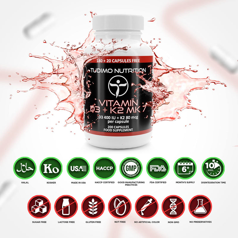 ★ Vitamin D3 K2 MK7 ★ Capsules ★ 400 IU/80 mcg - 200 pcs (6+ Month Supply) of Rapidly Disintegrating Capsules with Premium Quality VIT K2 as Menaquinone and VIT D3 as Cholecalciferol Powder 1 count (Pack of 200)