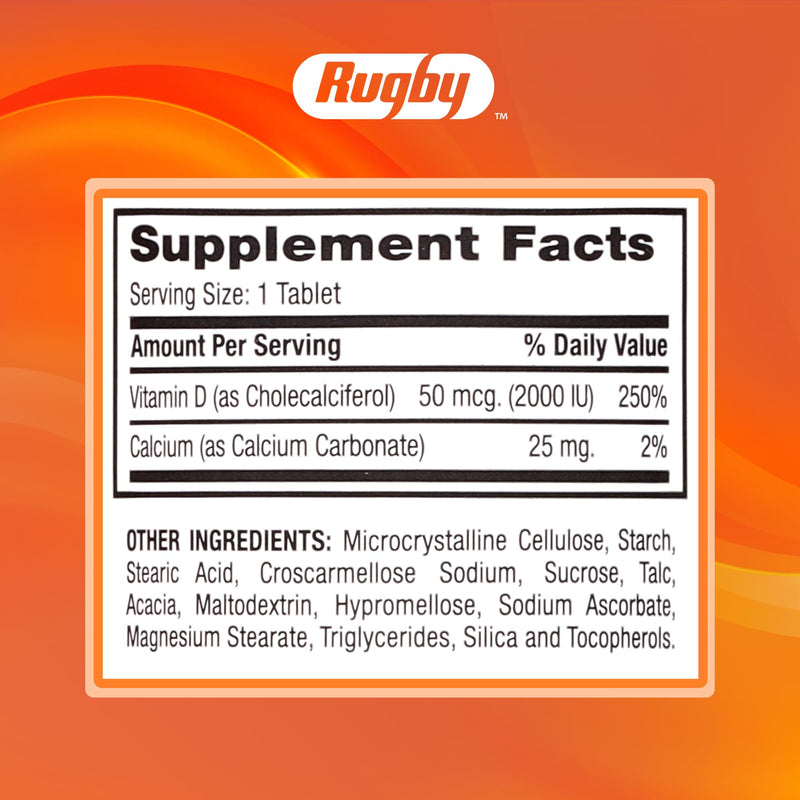 Rugby Vitamin D3 2000 IU (50 mcg) Tablets with Calcium 25 mg, 100 Count | Gluten-Free Supplements, Helps Support Calcium Absorption, for Bones, Teeth & Immunity, for Low Sun Exposure & Aging Adults