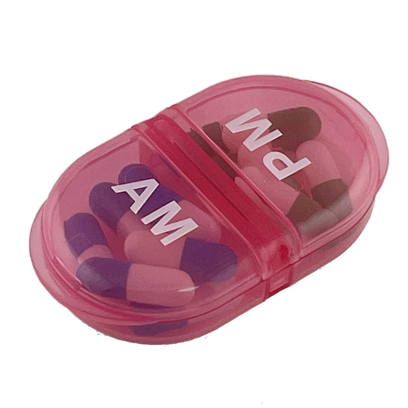 Deke Home - Pill Organizer AM PM, 2 Compartment Pill Box for Pocket or Purse, Small Daily Medicine Case, Travel Pill Holder, Easy Open Pill Container for Seniors, Vitamins & Supplements (Pink) Pink
