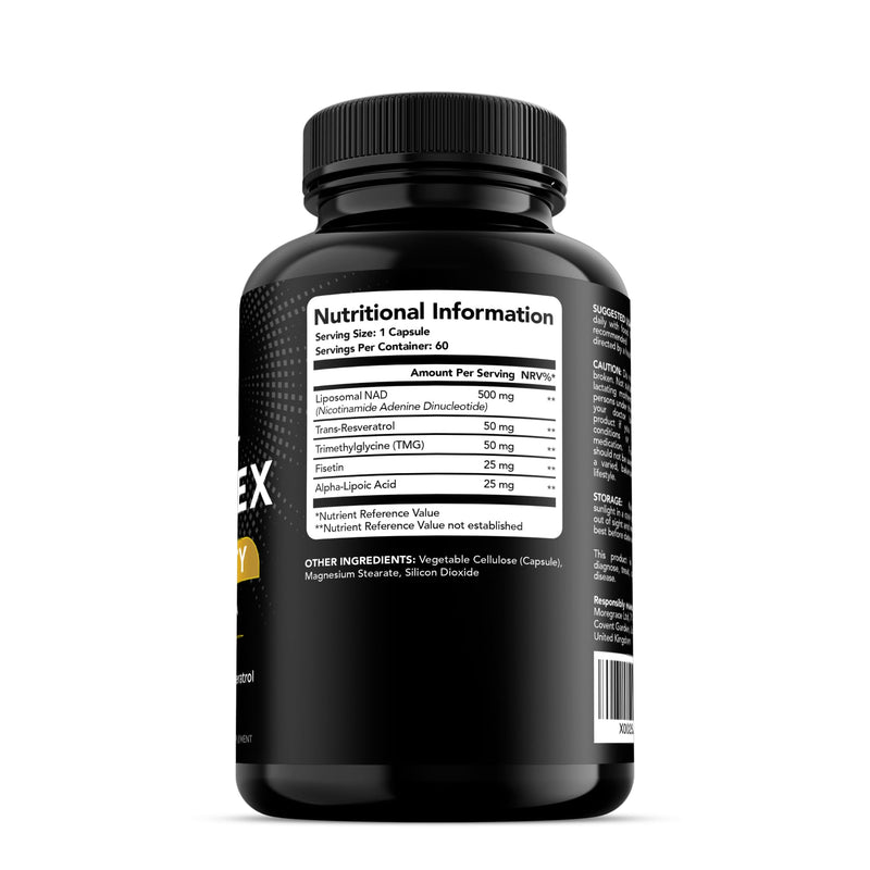 NAD+ Supplement 650mg (5 in 1 Complex) 60 Caps, 2 Month Supply | UK Made | Boost NAD Levels | Resveratrol TMG Fisetin ALA | Liposomal High Bioavailability | Anti-Aging, High Strength