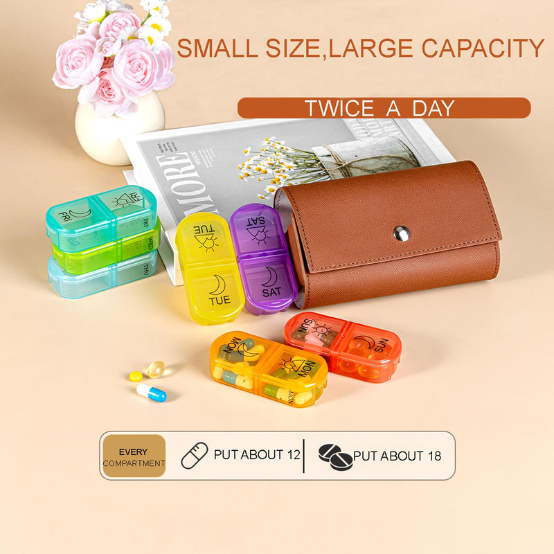 Weekly 2 Times A Day Pill Organizer for Travel 7 Day Am and Pm Portable Pill Box with Delicate Storage Bag for Pills,Vitamins,Fish Oils, Rainbow Compartments, Portable Travel Medication Container