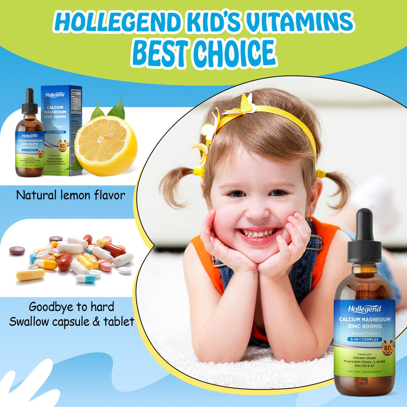Liquid Calcium Citrate Drops 600mg with Vitamin D3 & K2, 2 Fl Oz | L-Lysine 500mg, Magnesium & Zinc, For Kids & Adults 2 Fl Oz (Pack of 1)