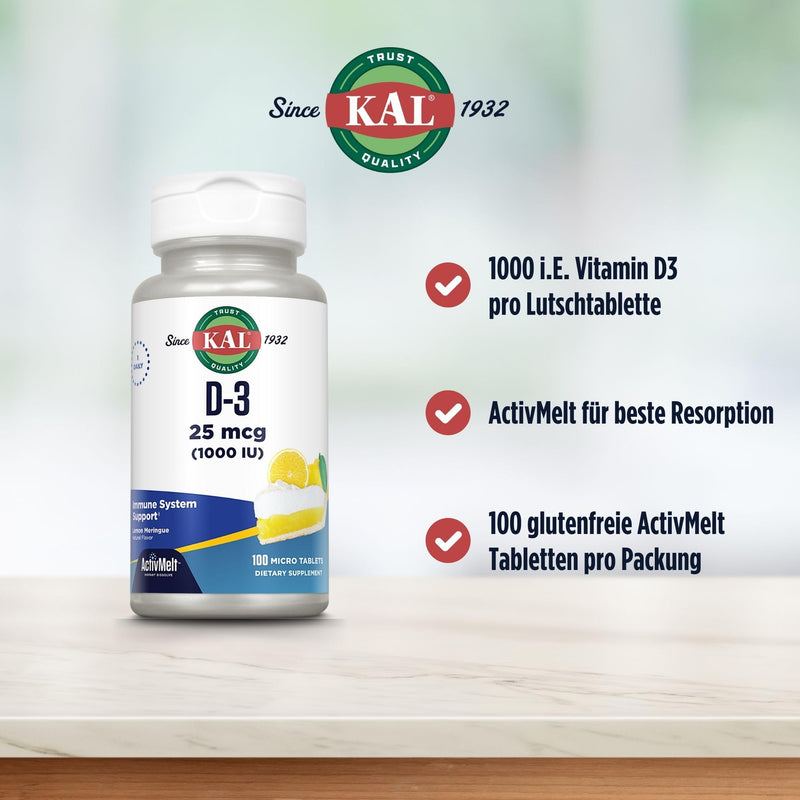 KAL Vitamin D-3 1000 IU | Natural Lemon Flavor ActivMelt Micro Tablets | Healthy Immune Function & Bone Support | 100ct | Vitamin D Supplement for Men and Women, Bone Health and Immune Support, Optimal Absorption Format, Natural Lemon Flavor