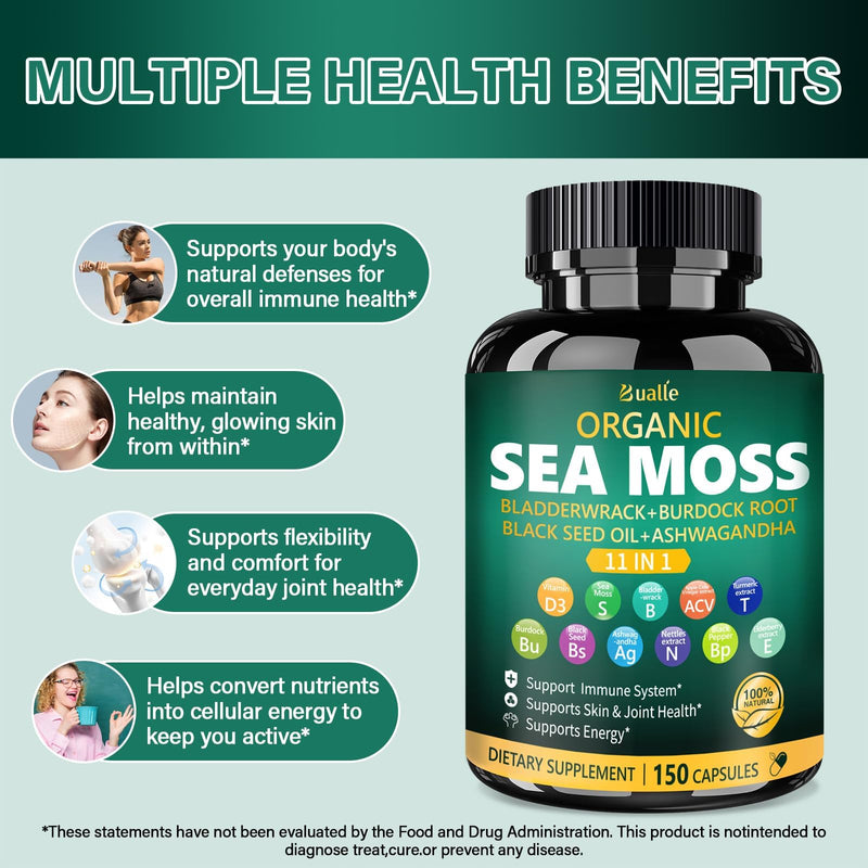 Sea Moss Capsules 11-in-1 for Energy Boost, Vegan | With Vitamin D3, ashwagandha, black seed, mineral complex, bladderwrack, and burdock root for daily wellness 150 Count