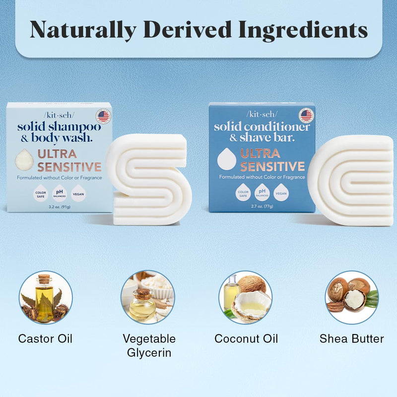 Kitsch 2-in-1 Ultra Sensitive Shampoo Bar & Body Wash + Conditioner Bar & Shaving Soap – Fragrance-Free Bar Soap for Sensitive Skin & Scalp - For Healthy, Radiant Hair and Skin - Made in USA – 2pcs