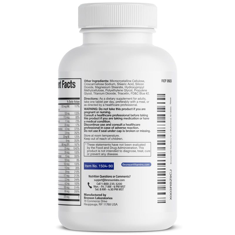 Bronson ONE Daily Mens 50+ Complete Multivitamin Multimineral, 90 Tablets | Once-Daily, Targeted Nutrition For Active Men Over 50, Non-GMO, Gluten-Free, Soy-Free 90 Count (Pack of 1)