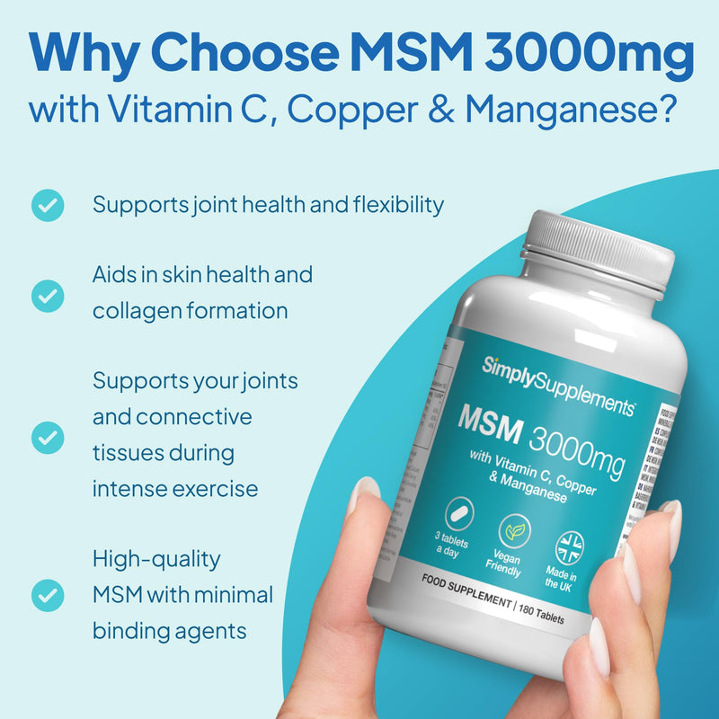 MSM 3,000mg | with Added Vitamin C | Supports Healthy Joints, Skin, and Immune Function | Vegan & Vegetarian Friendly | Made in The UK Unflavoured 1 count (Pack of 180)