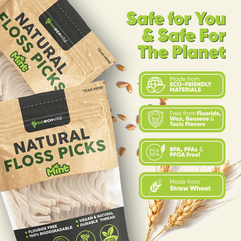[Australia] - Biodegradable Floss Picks - Natural Straw Wheat Handle | Thin & Durable Thread for Tight Gaps! | Dental Flossers for Adults | Gentle on Gums & Teeth | Eco Friendly, Vegan, Natural (200 Pack, Mint) 200 Count (Pack of 1) 