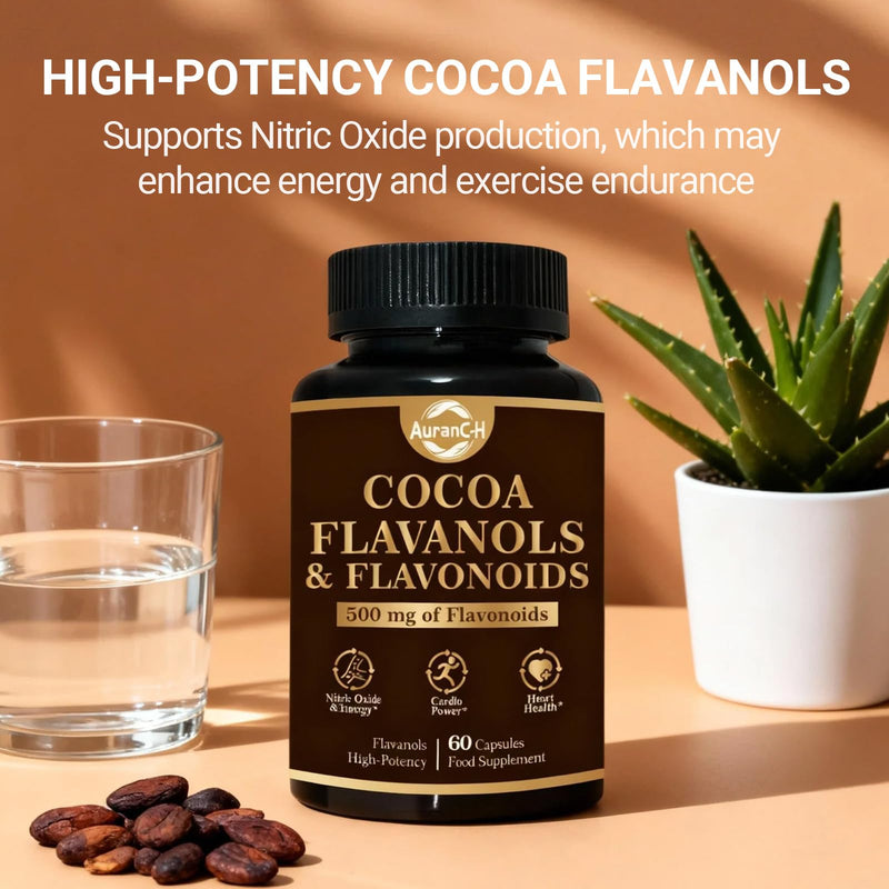 High Flavanol Cocoa Powder, Cocoa Cardio Health Supplement, 500mg Cocoa Flavanols, Support Heart Health, Boost Nitric Oxide, Blood Circulation, Energy, Vegan, Dark Chocolate, 60 Capsules