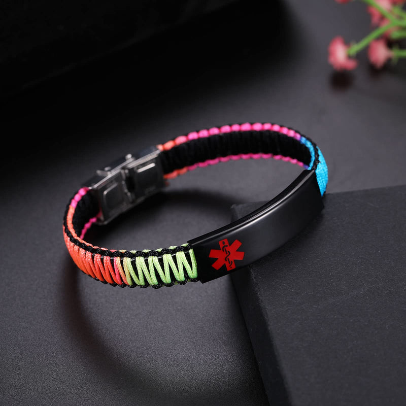 [Australia] - Medical Alert Bracelet for Women | T1D T2D Diabetes Epilepsy Medical Alert ID Emergency Bracelet for Girls & Boys | Handmade Nylon Rope Braided Bracelets, Adjustable Black+Rainbow A_Blood Thinner 