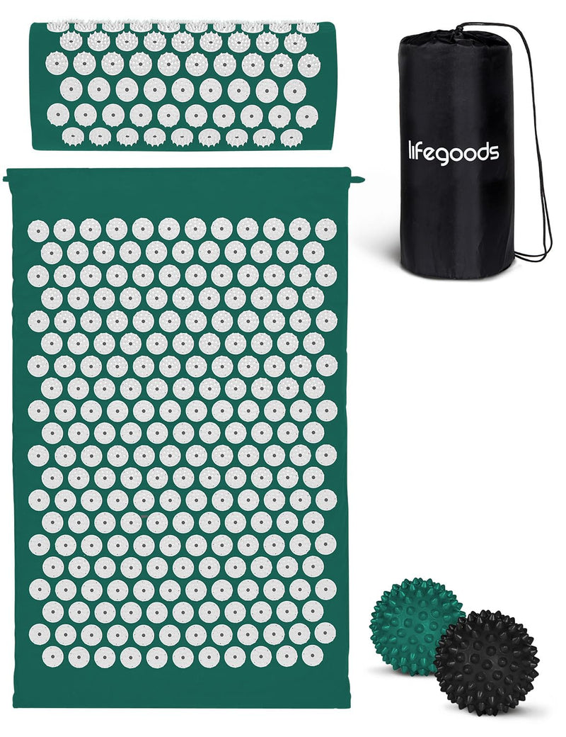 [Australia] - LifeGoods Acupressure Mat with Pillow - Accupressure Mat - Accupressure Mat+ - Acupressure Mat - Acupuncture Mat - Massage Mat - Back - Spiked Mat - Fakir Mat - Nail Mat - Acupressure Mat Green & White 