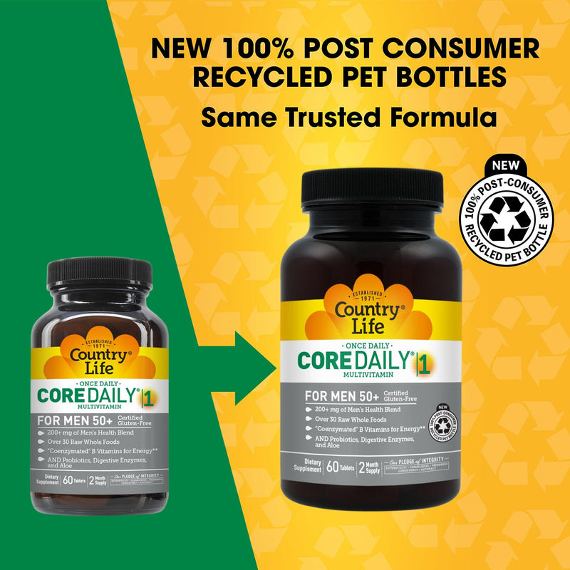 Country Life Core Daily-1 Multivitamin for Men 50+, 60 Tablets | Coenzymated B vitamins support energy metabolism with whole foods, probiotics and digestive enzymes