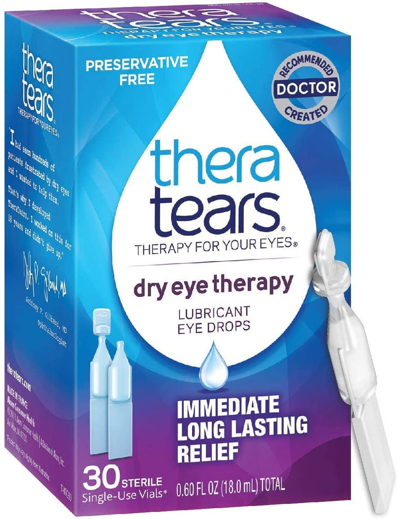 TheraTears Dry Eye Therapy Lubricating Eye Drops for Dry Eyes, Preservative Free eye drops, 30 Single-Use Vials 30 Count (Pack of 1)