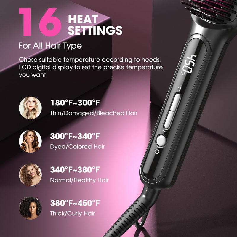 [Australia] - MiroPure Hair Straightener Brush with Plasma Technique, Ceramic Straightening Brush with 16 Temp Settings 30s Fast Heating, Hair Straightener Comb for Women with LED Display & Dual Voltage, Black 