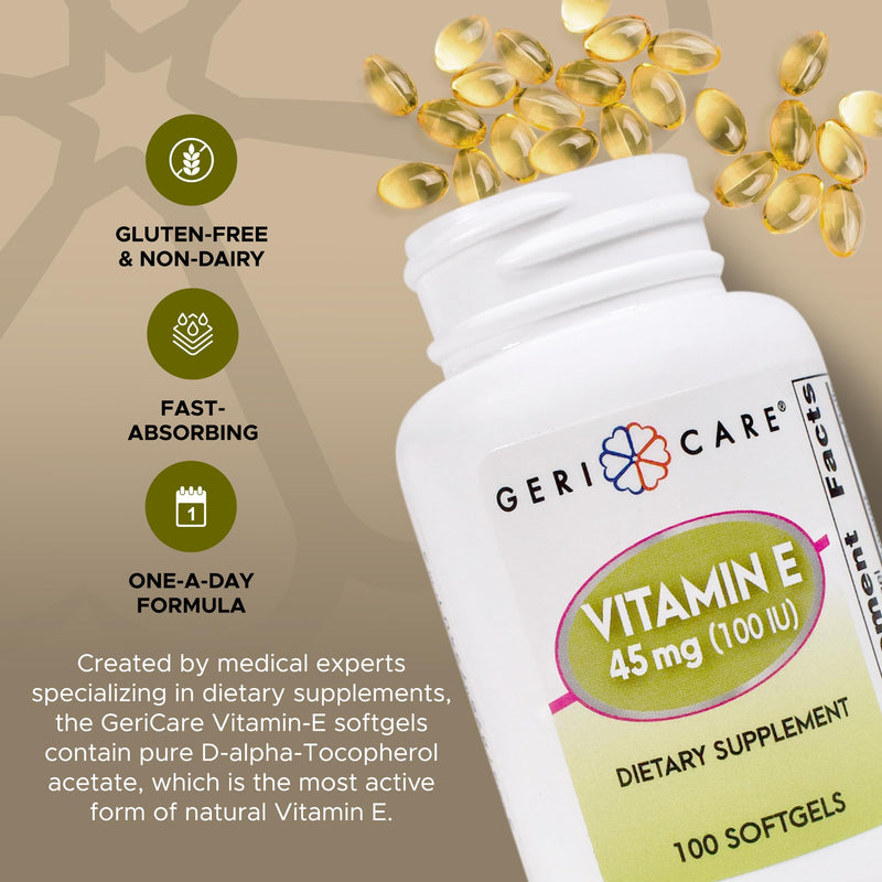 [Australia] - GeriCare High-Potency Vitamin E Capsules ‚Äì 100 IU for Skin & Immune Support, 45mg | 100 Count | Organic Vitamin E for Women and Men | Alternative to Nature Bounty & Solgar Vitamin E 100 Count (Pack of 1) Softgel - 45mg 
