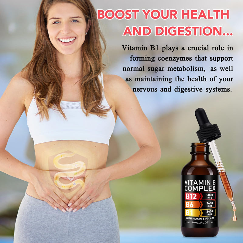 Vitamin B Complex Drops for Men & Women | Vitamin B12 Methylcobalamin, B6, B1, B9 for Metabolic Health Support | Immune Support, Non-GMO, Gluten Free - 2 Month Supply 60ML 2 Fl Oz (Pack of 1)