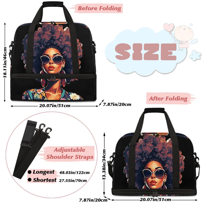 African Women Foldable Travel Duffel Bag, Expandable Weekender Overnight Carry on Bags with Shoe Compartment Sport Tote Gym Luggage for Women Men African Women