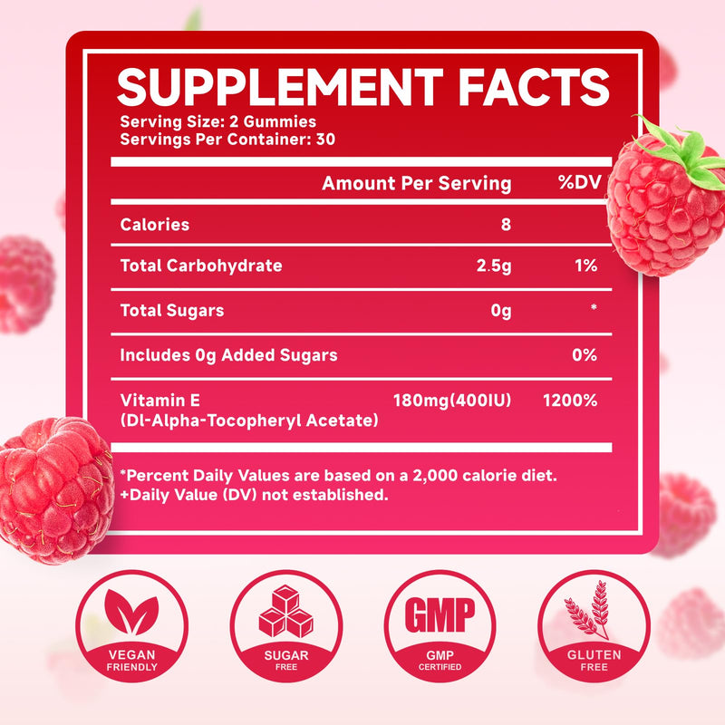 2 Pack Vitamin E Gummies, 180 mg (400 IU) dl-Alpha, Daily Skin Support | Sugar-Free, Vegan, Non-GMO, Raspberry Flavor, 120 Count 60 Count (Pack of 2)