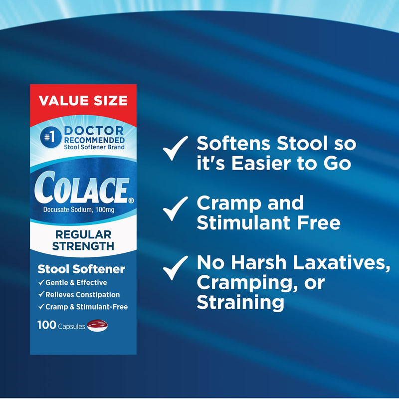 [Australia] - Colace Regular Strength Stool Softener 100 mg Capsules 100 Count Docusate Sodium Stimulant-Free for Gentle, Dependable Occasional Constipation Relief 100 Count (Pack of 1) 