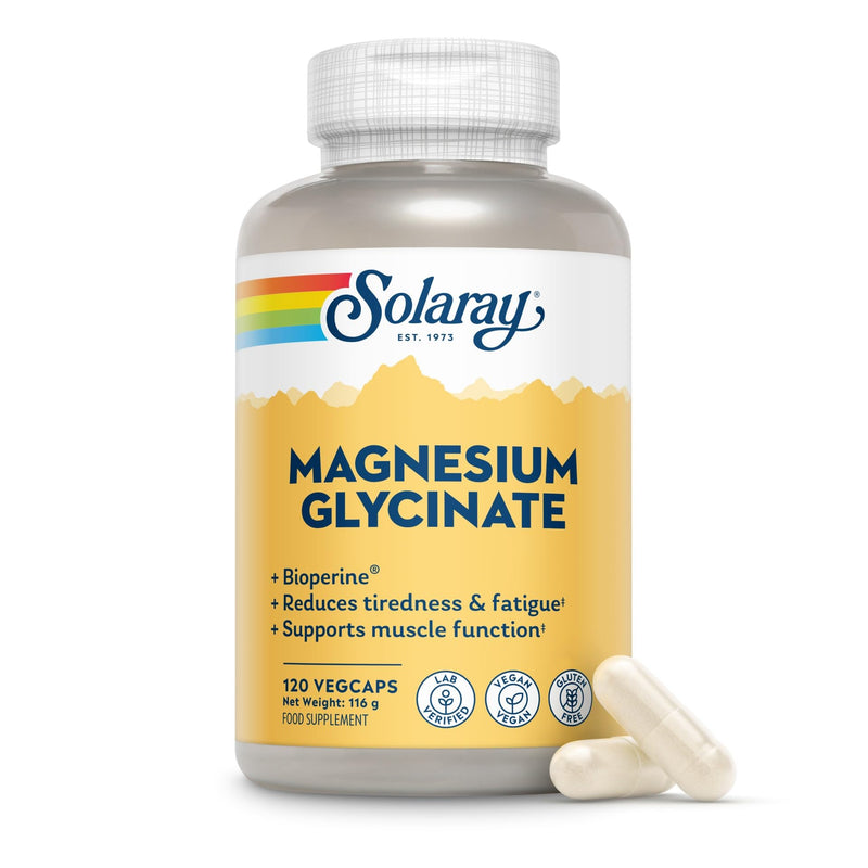Solaray Magnesium Glycinate Chelated - 120 Vegan Capsules - 350mg Elemental Magnesium - Gentle on Stomach - Supports Energy, Muscle Function, Relaxation & Reduces Fatigue - Lab Verified