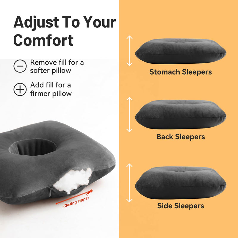 Ear Piercing Pillow for Side Sleepers with Ear Inflammation & Pressure, Soft Velvet Adjustable Ear Guard Pillow with Removable & Washable Cover (Dark Gray, Pillow & Cover) Dark Gray