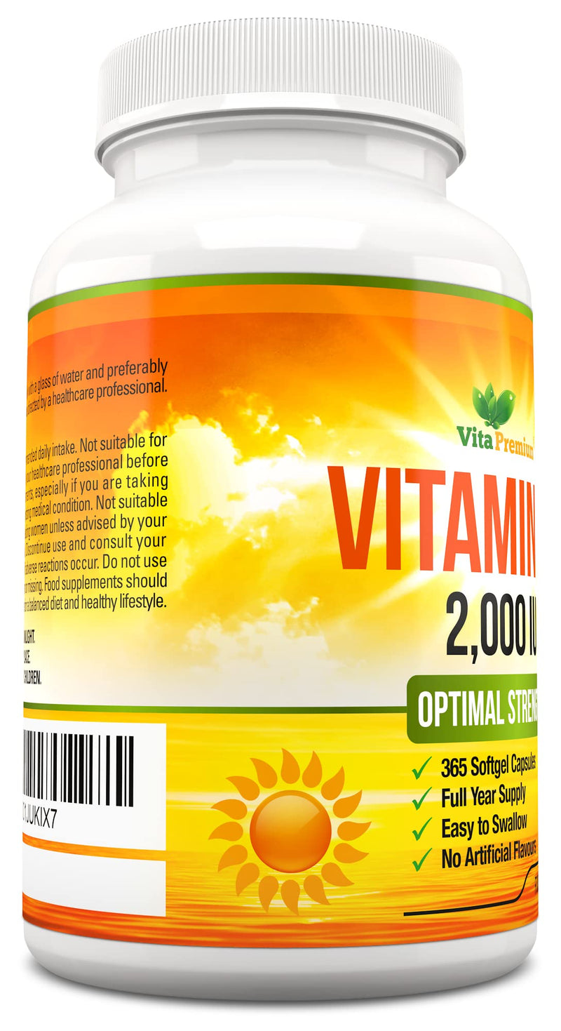 Vitamin D 2,000 IU, Optimal Strength Vitamin D3 Supplement, 365 Easy to Swallow Softgels - Full Year Supply 365 count (Pack of 1)