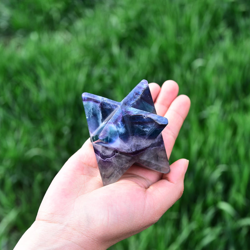 JIC Gem Colourful Fluorite Merkaba Crystal Natural Healing Crystal Stones Meditation Reiki 3D Star Dodecahedron Crystal Grid Home Decor Spiritual Gifts (8-9cm) 3.14-3.54 Inch