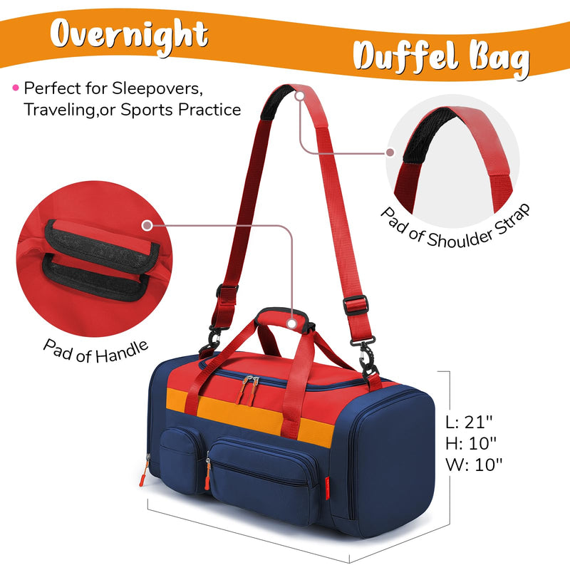 WOOMADA Kids Duffle Bag for Boys or Girls,Weekender Overnight Bag with Shoe Compartment & Wet Pocket Perfect For School, Sports, Overnight Trips(Red Blue) Red Blue