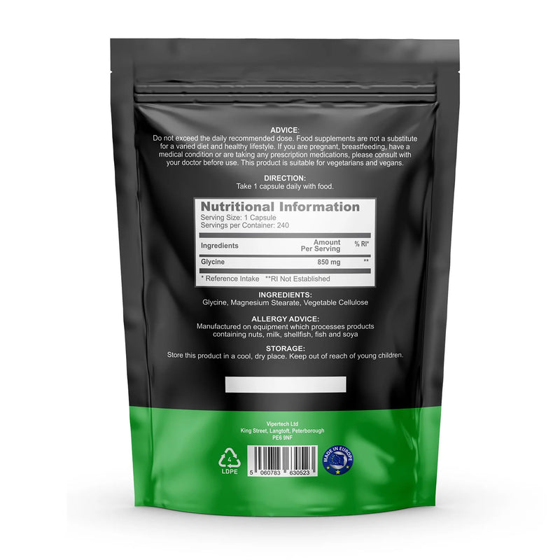 Glycine Supplement 850mg | 240 Vegetarian Capsules | Amino Acid for Neurotransmitter & Nervous System Support | Sleep Aid, Liver Detox, Muscle Recovery & Collagen Synthesis