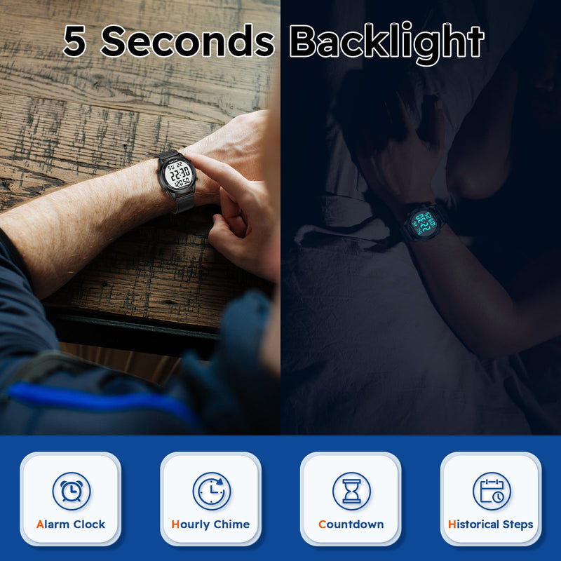[Australia] - Men's Pedometer Watch with Stainless Steel Bracelet,Step Counter Watch No App, No Charging Needed for Ourdoor Walking, Calorie, Distance, Alarm, Countdown Timer Watch TU-2306B TIMEURE black 