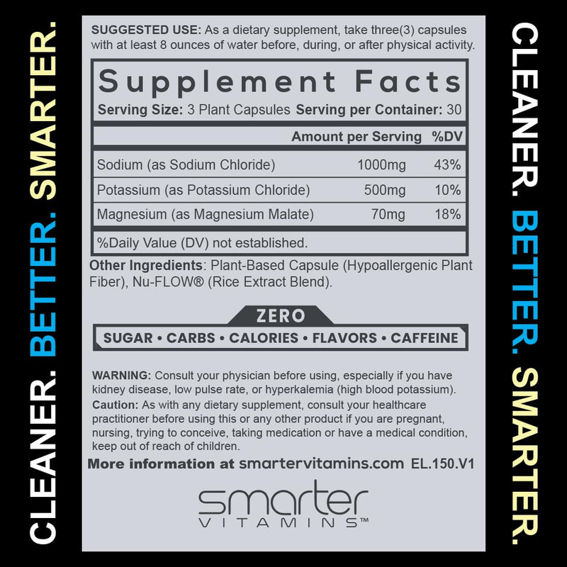 Electrolyte Capsules with 1000mg Sodium, Potassium & Magnesium, 90 Count | Formulated with chloride mineral salts and glycinate. Zero sugar, no mixing, convenient capsules, 30 servings