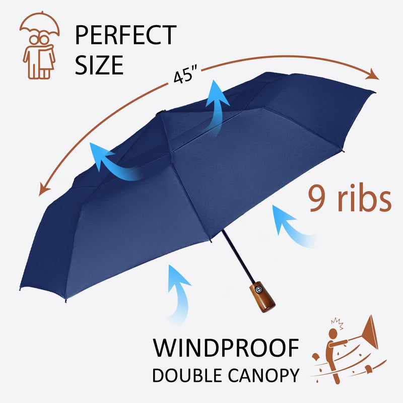 2 PCS Premium Windproof Umbrellas for Rain Compact Black and Blue Umbrella for Women and Men Automatic Open Close Folding