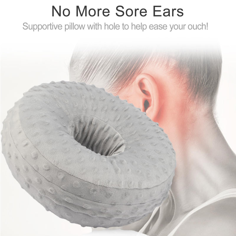 Ear Piercing Pillows with Washable Covers for Side Sleepping with an Holes Full Open Zipper CNH Pressure Sore Relief O-Shaped Cartilage Support Protector Cushion Minky Dot Grey