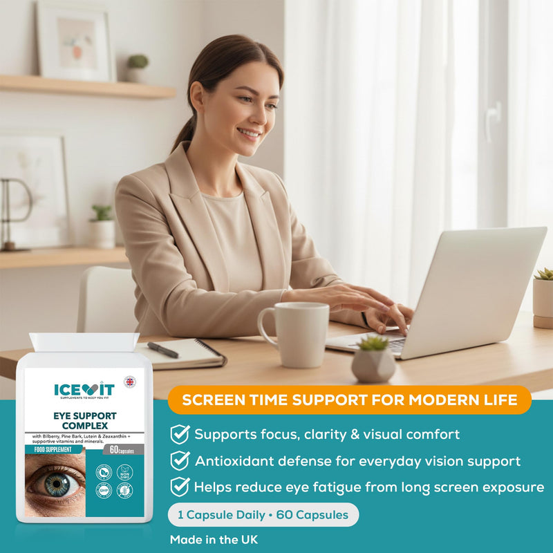 Eye Support Complex 60 Capsules with Lutein 10mg, Zeaxanthin 2mg, Bilberry & Pine Bark Extract, Vitamins E &C, Zinc for Normal Vision, Vegan Eye Health Supplement, Made in UK