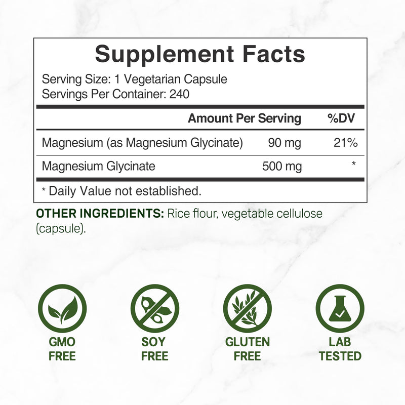 [Australia] - Magnesium Glycinate 500mg, 240* Veggie Capsules | Chelated for Easy Absorption | Highly Purified Essential Trace Mineral for Muscle, Joint, Heart, & Digestive Health 240 Count (Pack of 1) 