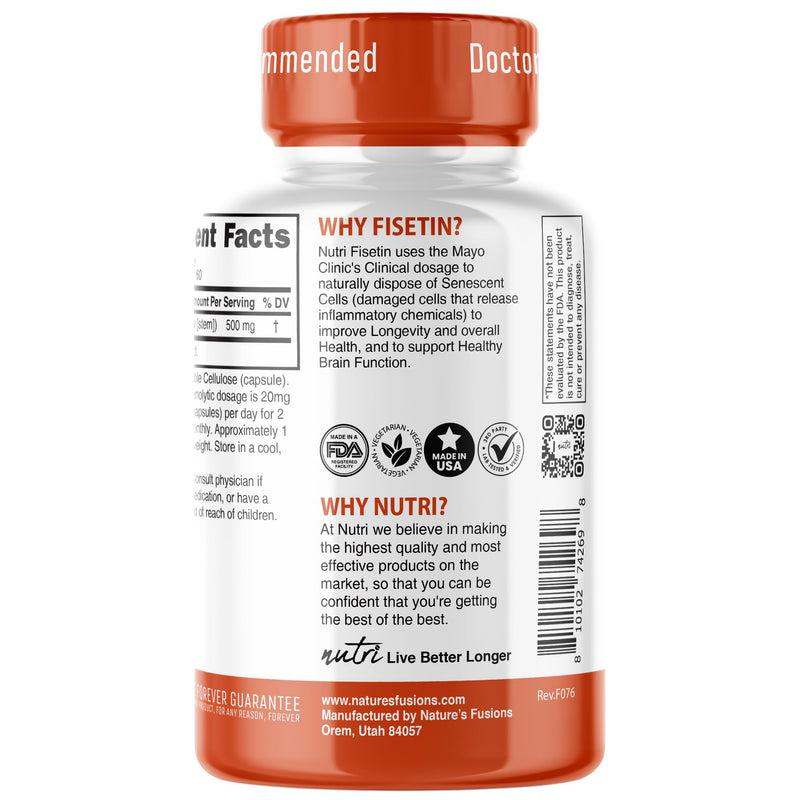 Nutri Fisetin 500mg 60 Count - Clinical Dosage - Fisetin Supplements - Powerful Senolytic Activator, Antioxidant, Heart & Brain Support - Natural Polyphenols - Capsules - 3rd Party Tested for Purity