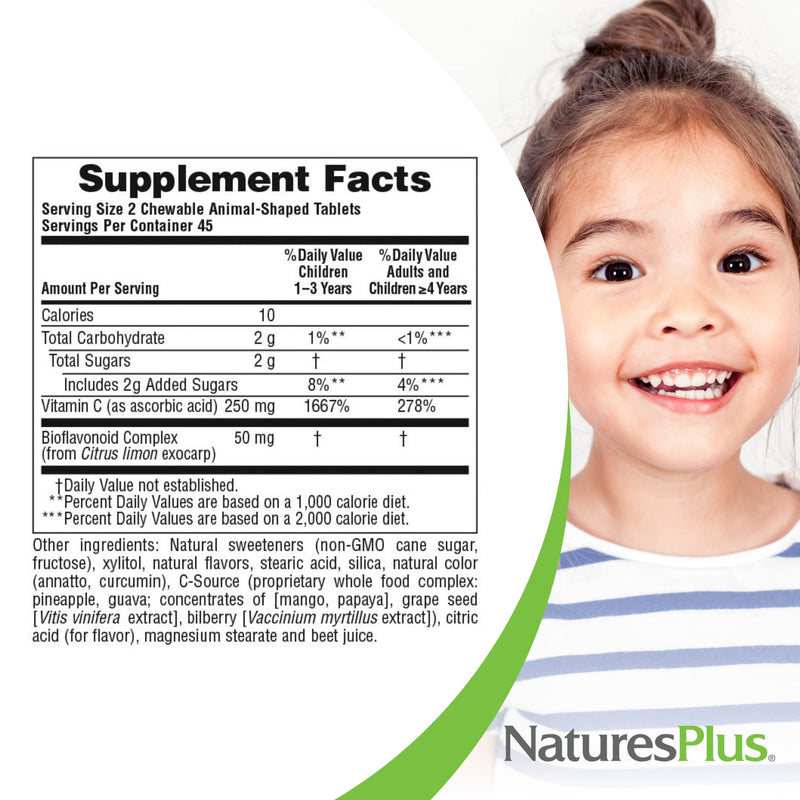[Australia] - Natures Plus Animal Parade Vitamin C Children's Chewable - Natural Orange Juice Flavor - 90 Animal-Shaped Tablets - Vegan, Vegetarian, Gluten Free - 45 Servings 1 