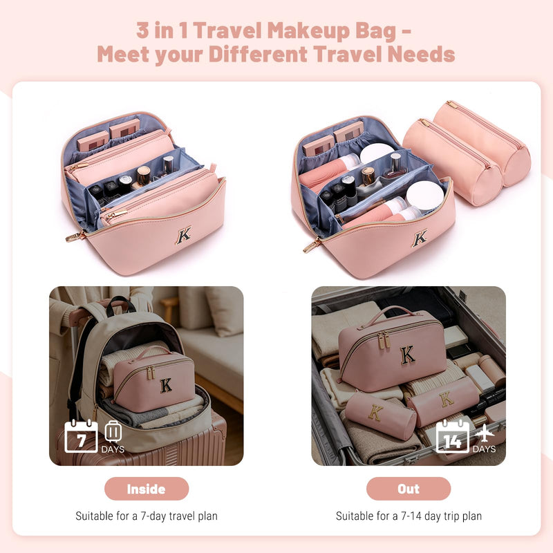 BOYATU Personalized Travel Makeup Bag: 3-in-1 Cosmetic Bag Gift for Women | Initial Make up Bag Organizer - Custom Letters A-Z - Flat Open Portable Toiletry Bag for Birthday Graduation Anniversary Pink K